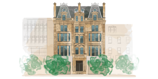 Sketch of the exterior view of a grand looking hotel building
