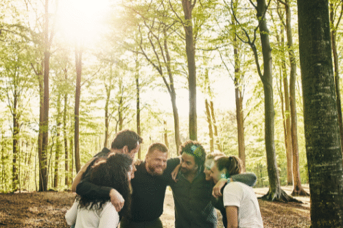 A small group of adults in casual clothing, having a team huddle in a sunny woodland area